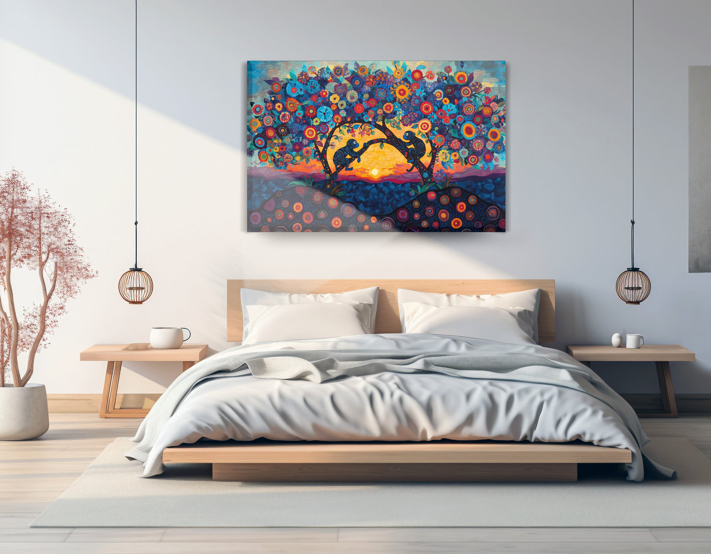 Monkey Sunset Tree African American canvas print displayed as bedroom wall decor
