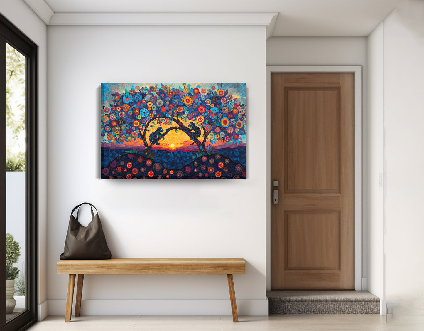 Monkey Sunset Tree African American canvas print displayed as entryway wall decor