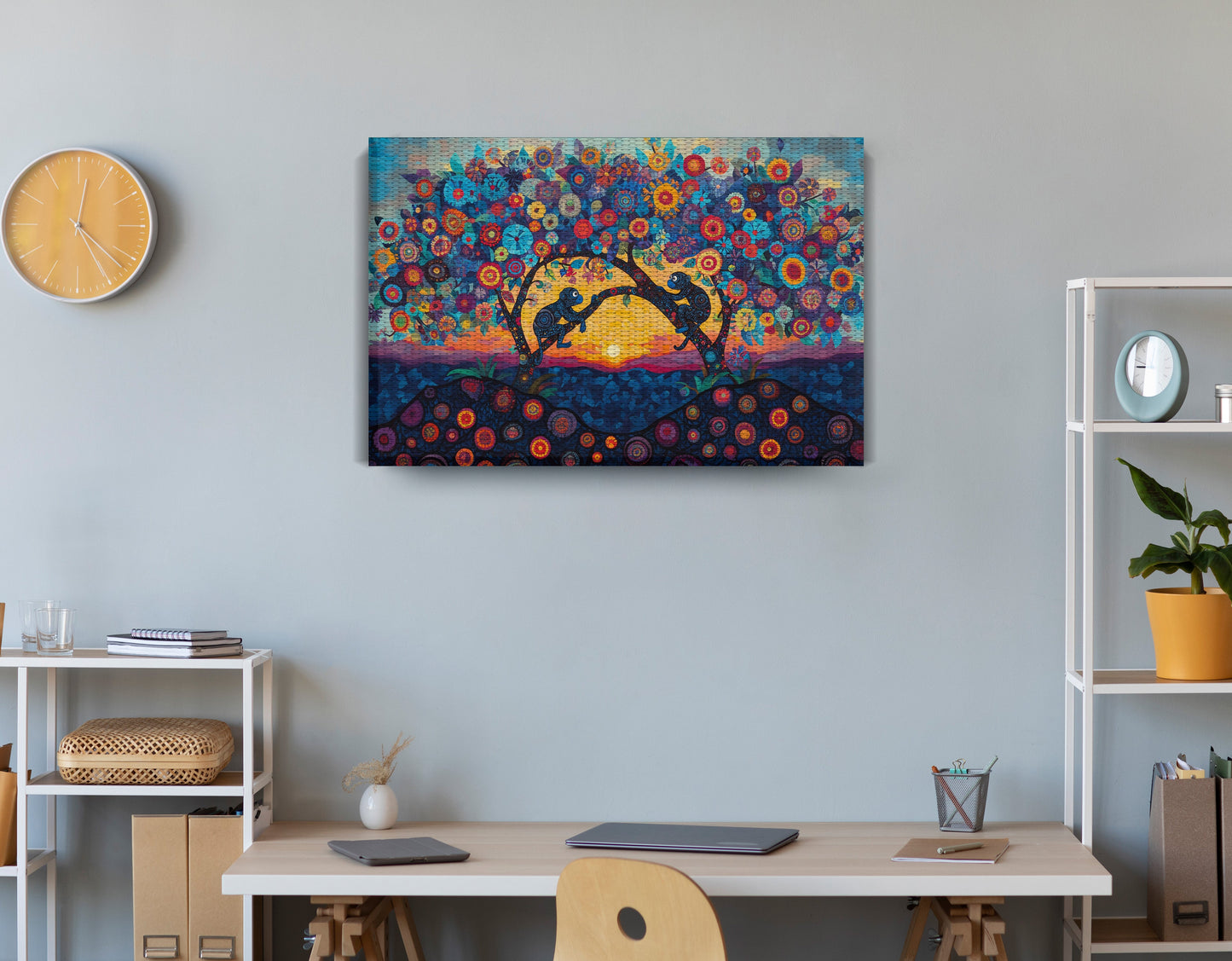 Monkey Sunset Tree African American canvas print displayed as office wall decor