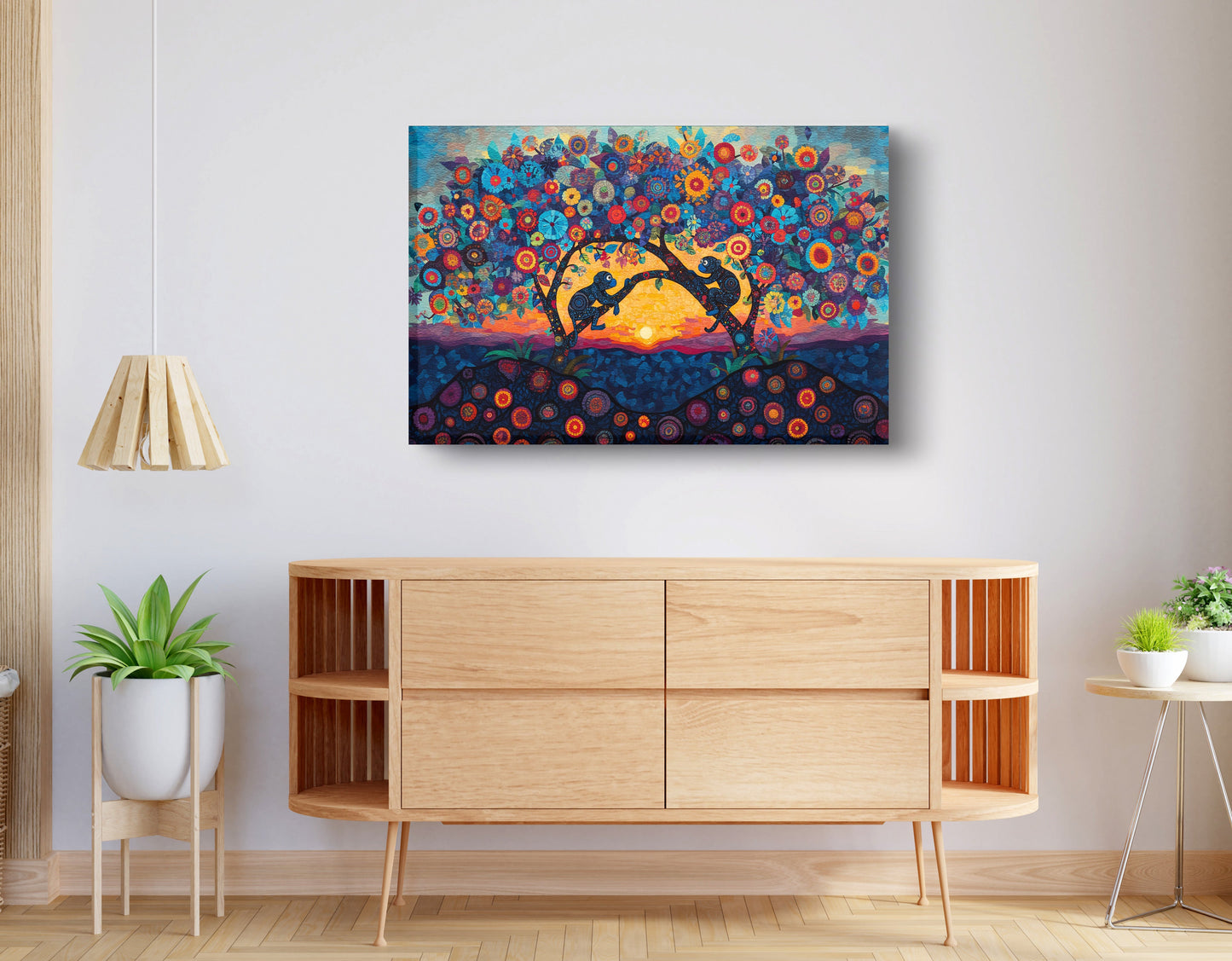 Monkey Sunset Tree African American canvas print displayed as living room wall decor