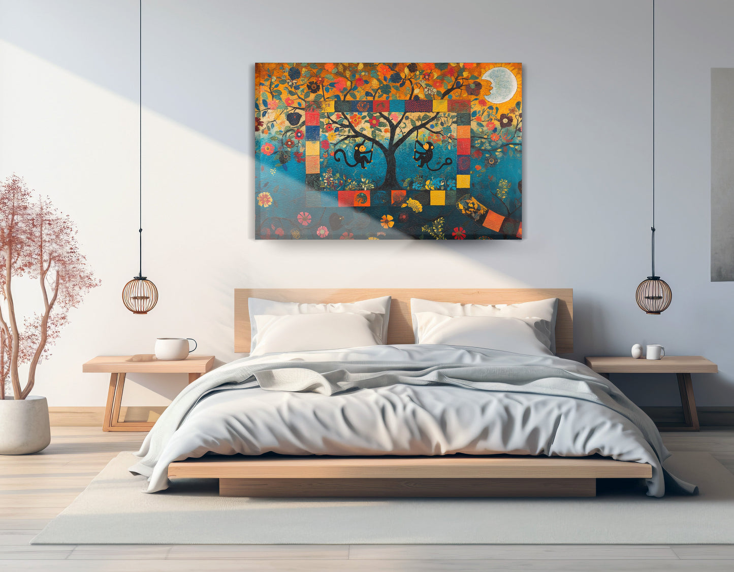 Monkey Tree Folk African American canvas print displayed as bedroom wall decor
