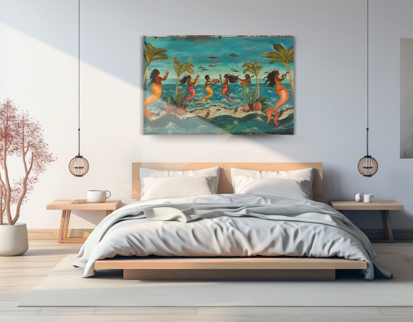 Black Mermaid Ocean Dance Caribbean wall art displayed as bedroom wall decor