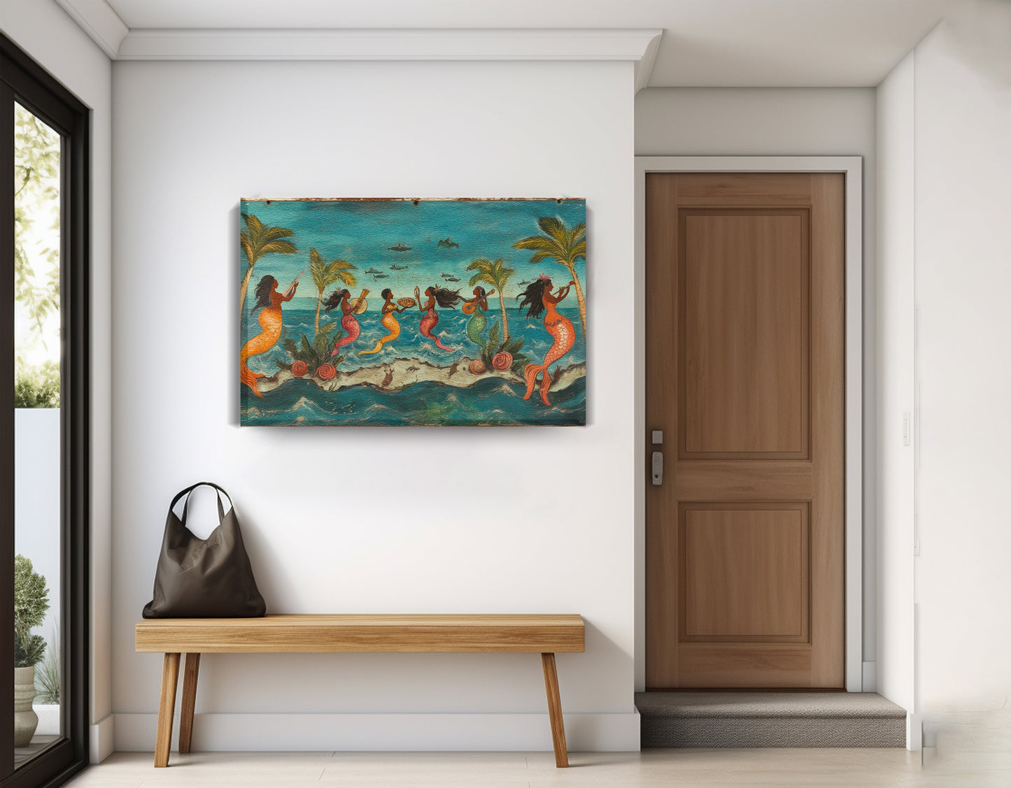 Black Mermaid Ocean Dance Caribbean wall art displayed as entryway wall decor