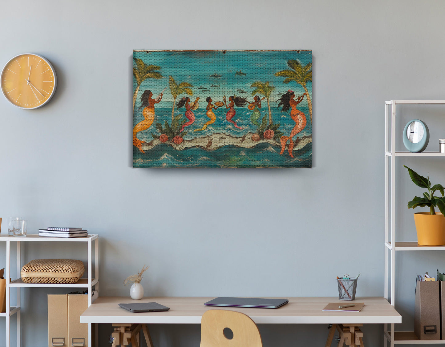 Black Mermaid Ocean Dance Caribbean wall art displayed as office wall decor