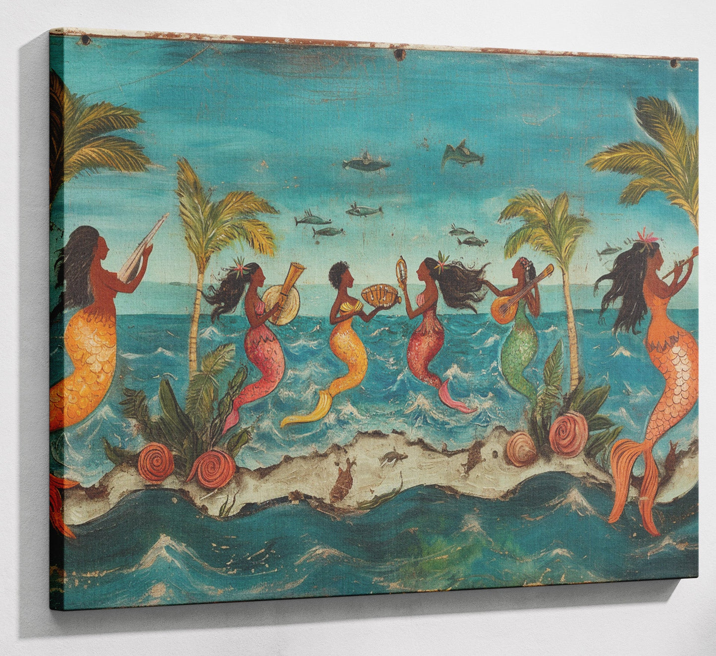 Black Mermaid Ocean Dance Caribbean wall art canvas print with visible wall art format
