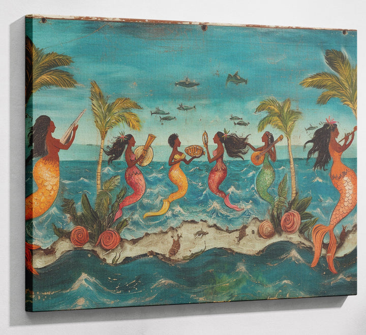 Black Mermaid Ocean Dance Caribbean wall art canvas print with visible wall art format