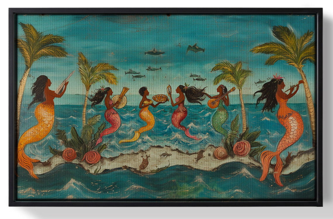Framed Black Mermaid Ocean Dance Caribbean wall art for home decor