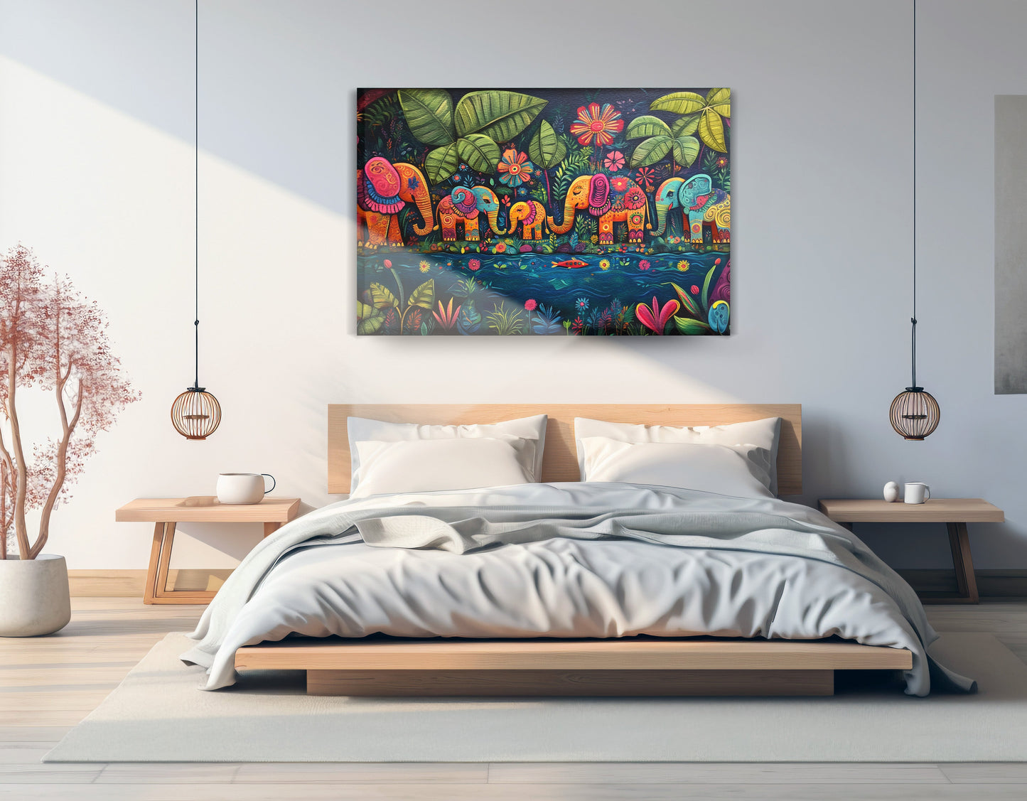 Colorful Elephant Jungle Caribbean wall art displayed as bedroom wall decor