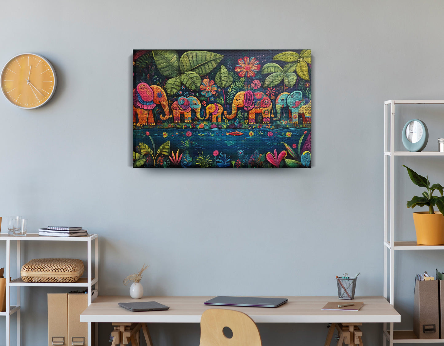 Colorful Elephant Jungle Caribbean wall art displayed as office wall decor