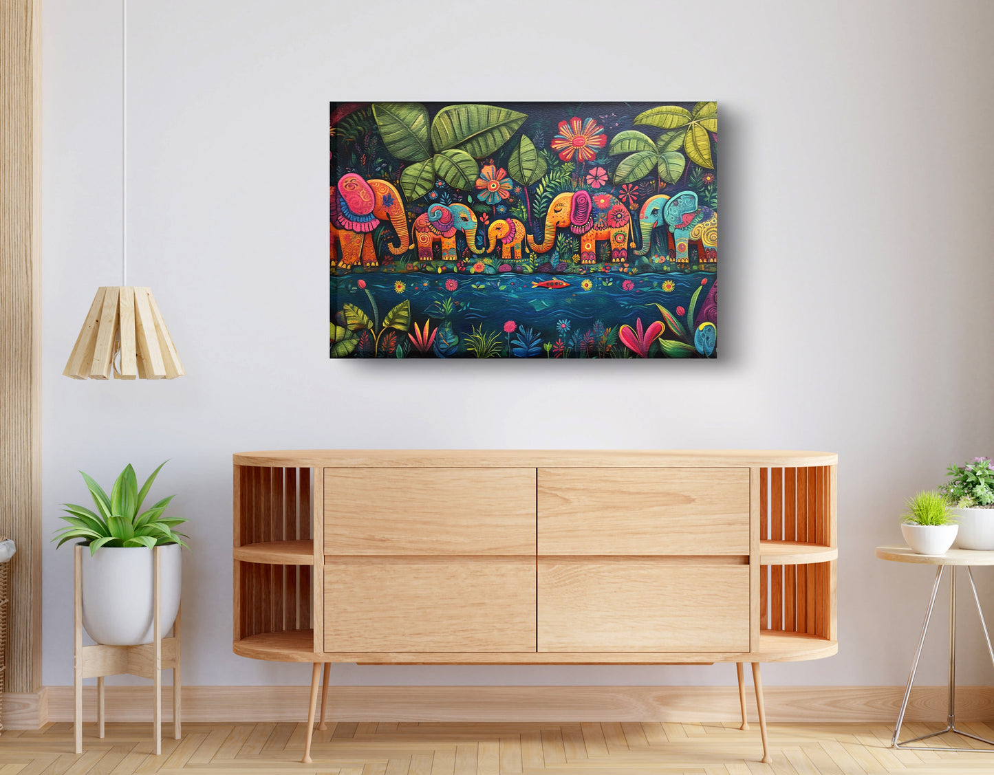 Colorful Elephant Jungle Caribbean wall art displayed as living room wall decor