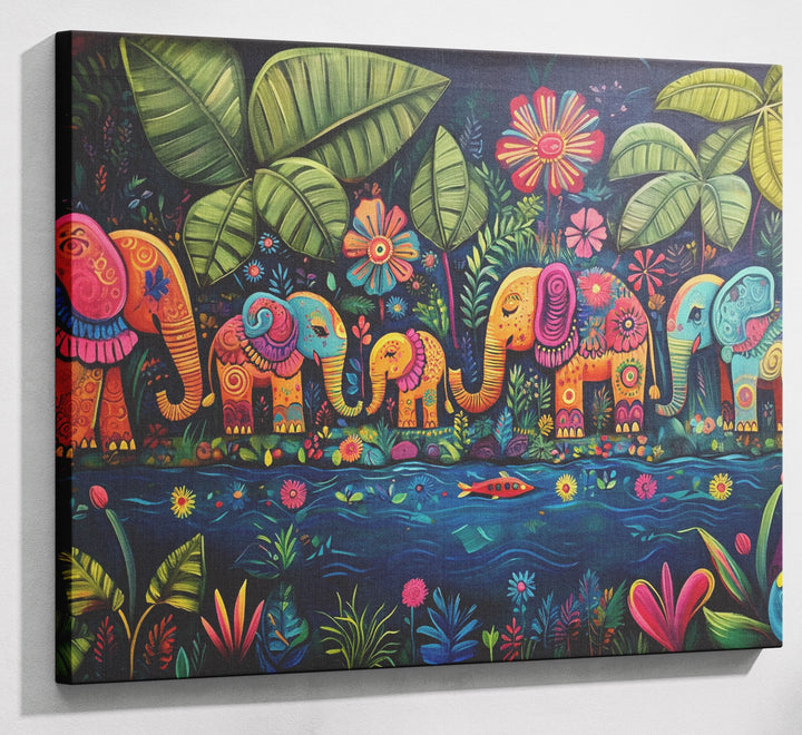 Colorful Elephant Jungle Caribbean wall art canvas print with visible wall art format