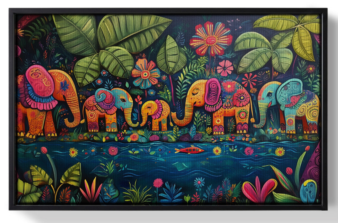 Framed Colorful Elephant Jungle Caribbean wall art for home decor