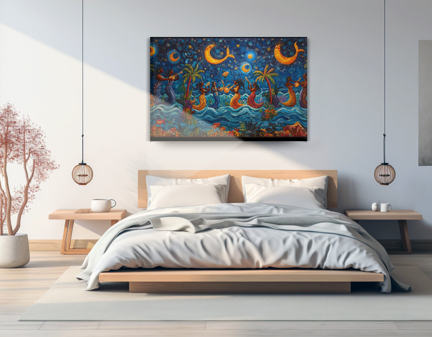Black Mermaid Moonlit Ocean Caribbean wall art displayed as bedroom wall decor