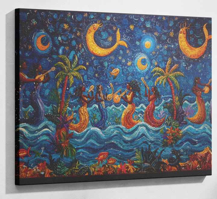 Black Mermaid Moonlit Ocean Caribbean wall art canvas print with visible wall art format