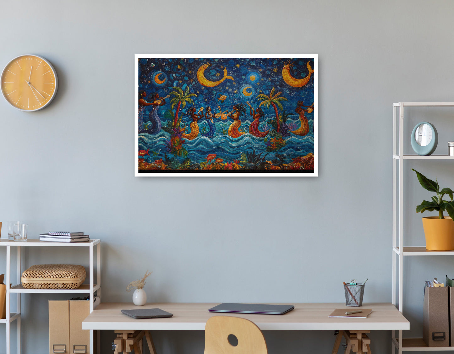 Black Mermaid Moonlit Ocean Caribbean wall art print view