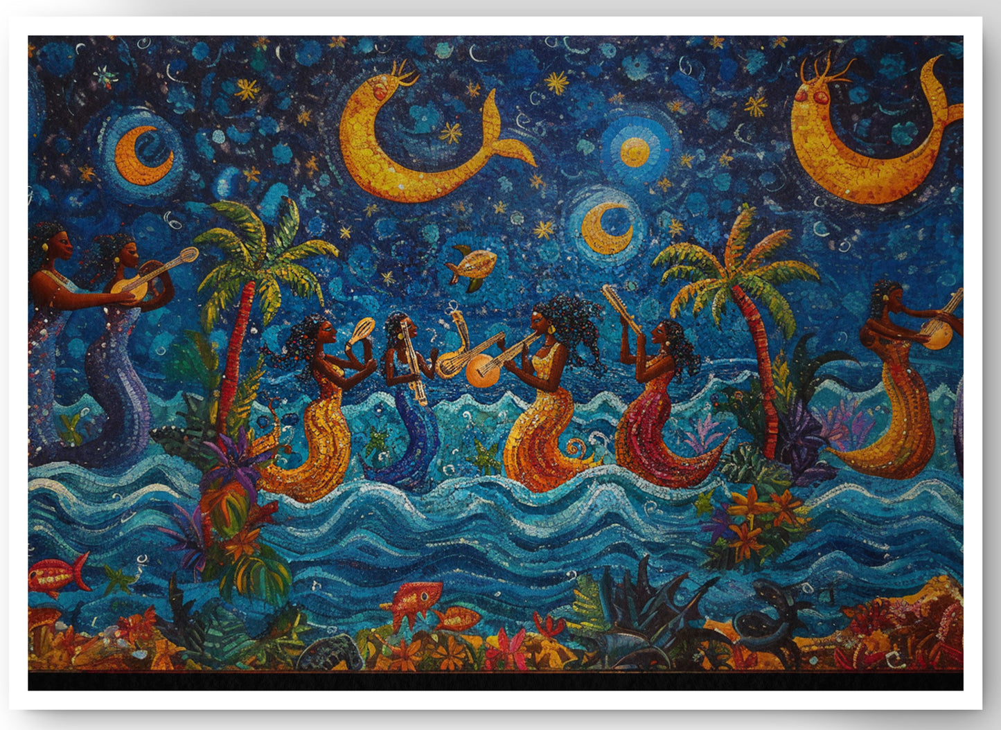 Black Mermaid Moonlit Ocean Caribbean wall art canvas print by MoomZee Artwork