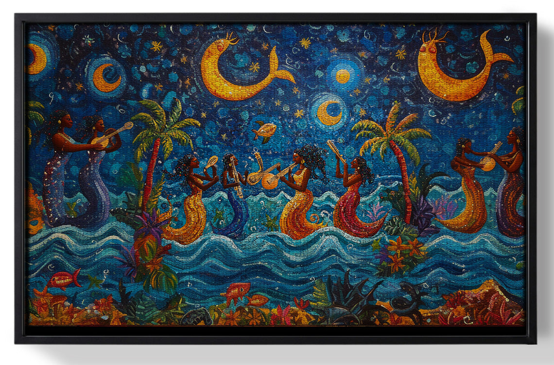 Framed Black Mermaid Moonlit Ocean Caribbean wall art for home decor
