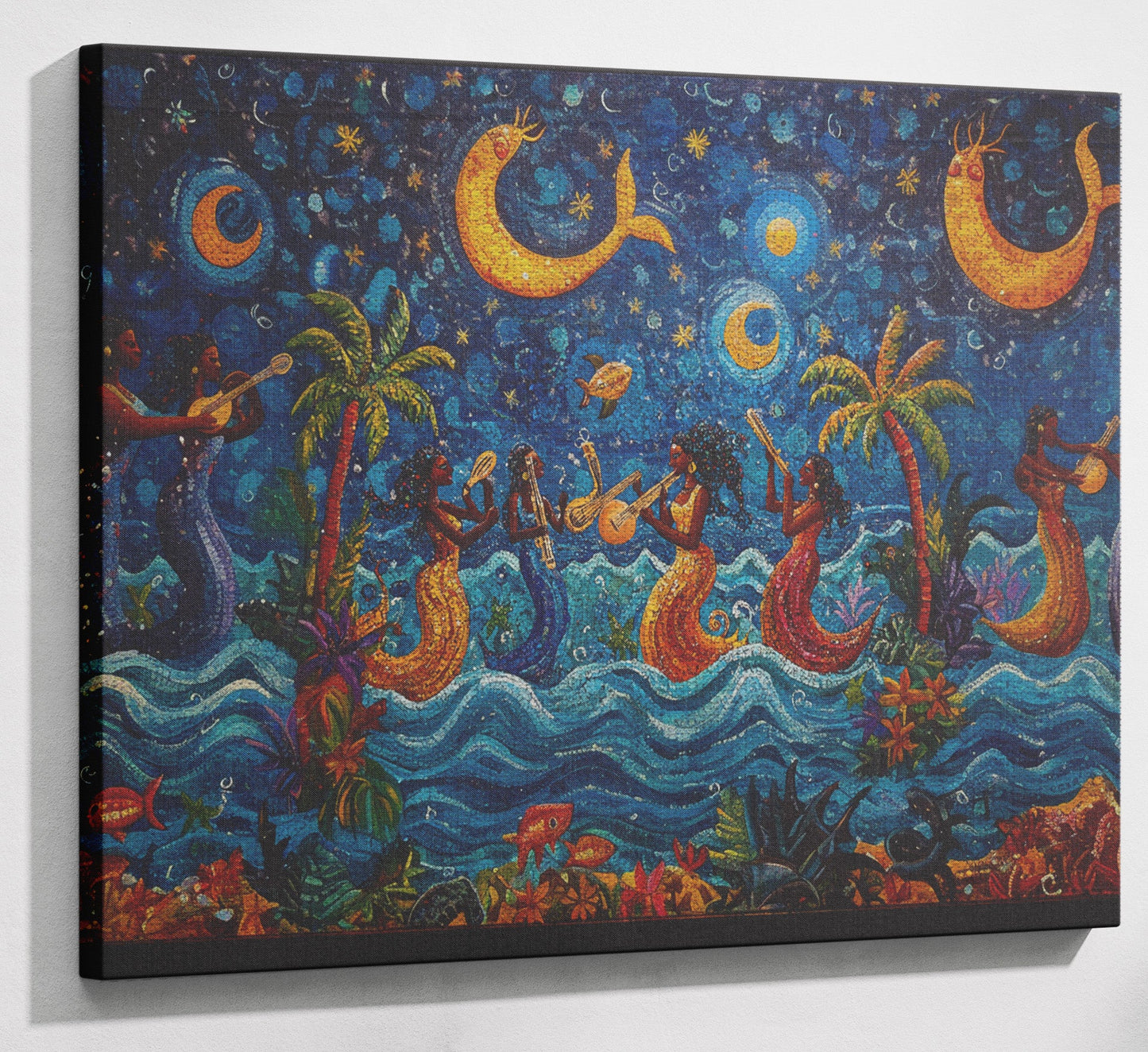 Black Mermaid Moonlit Ocean Caribbean wall art view 13
