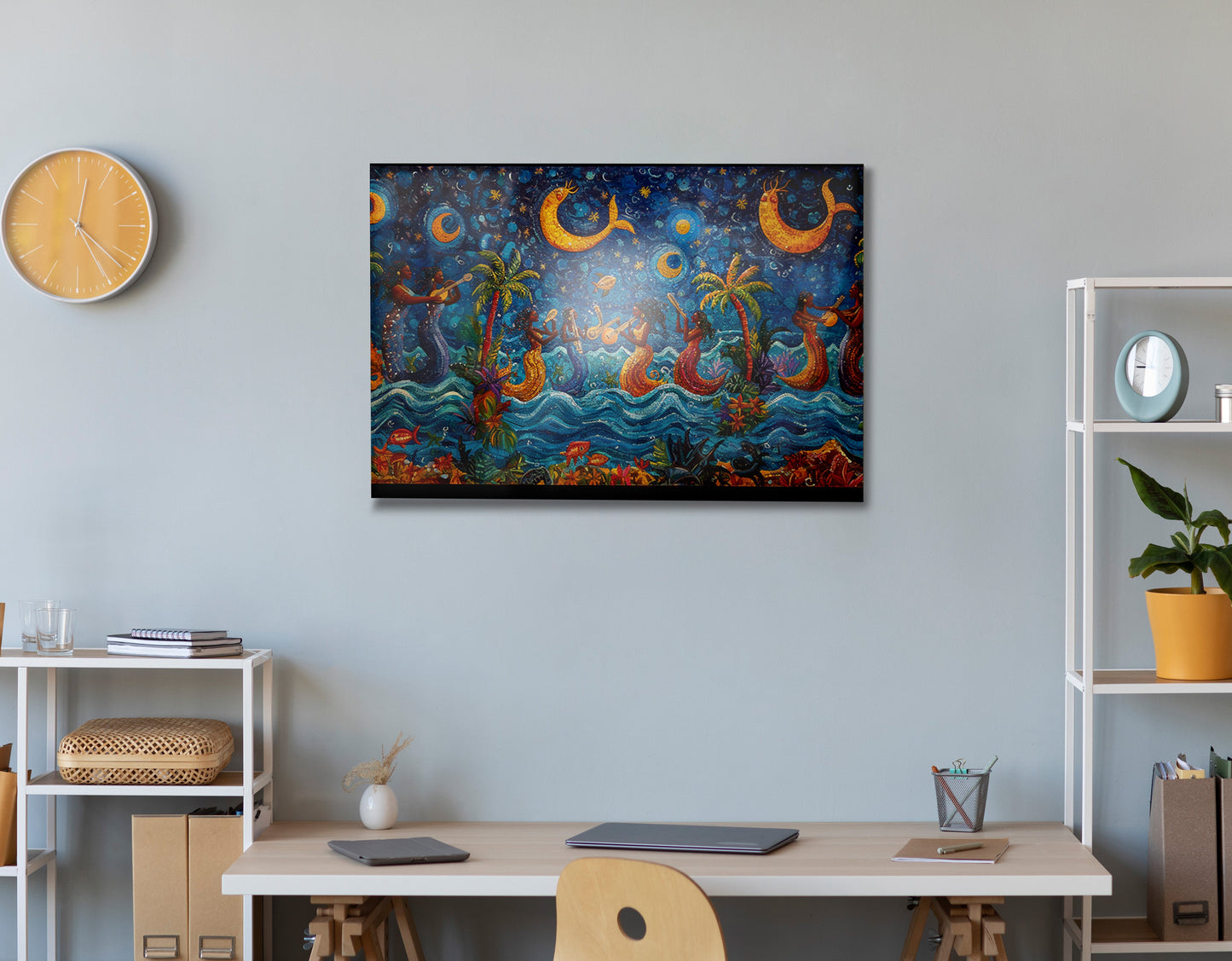 Black Mermaid Moonlit Ocean Caribbean wall art view 24