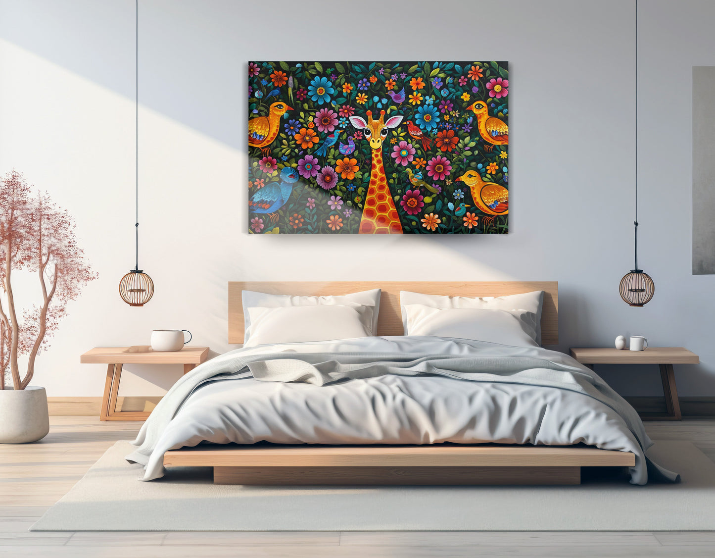Giraffe Floral Folk Caribbean wall art displayed as bedroom wall decor