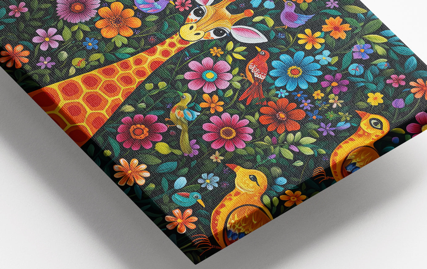 Close-up of Giraffe Floral Folk Caribbean wall art detail