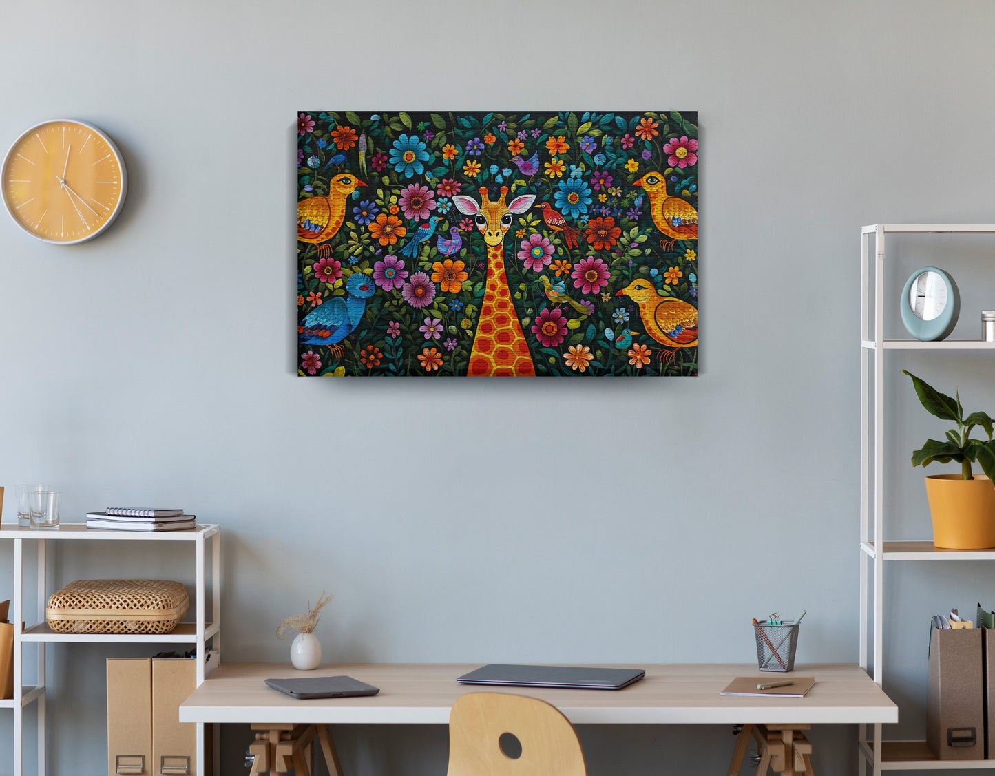 Giraffe Floral Folk Caribbean wall art displayed as office wall decor