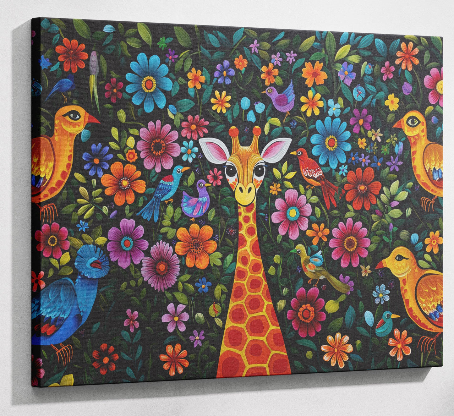 Giraffe Floral Folk Caribbean wall art canvas print with visible wall art format