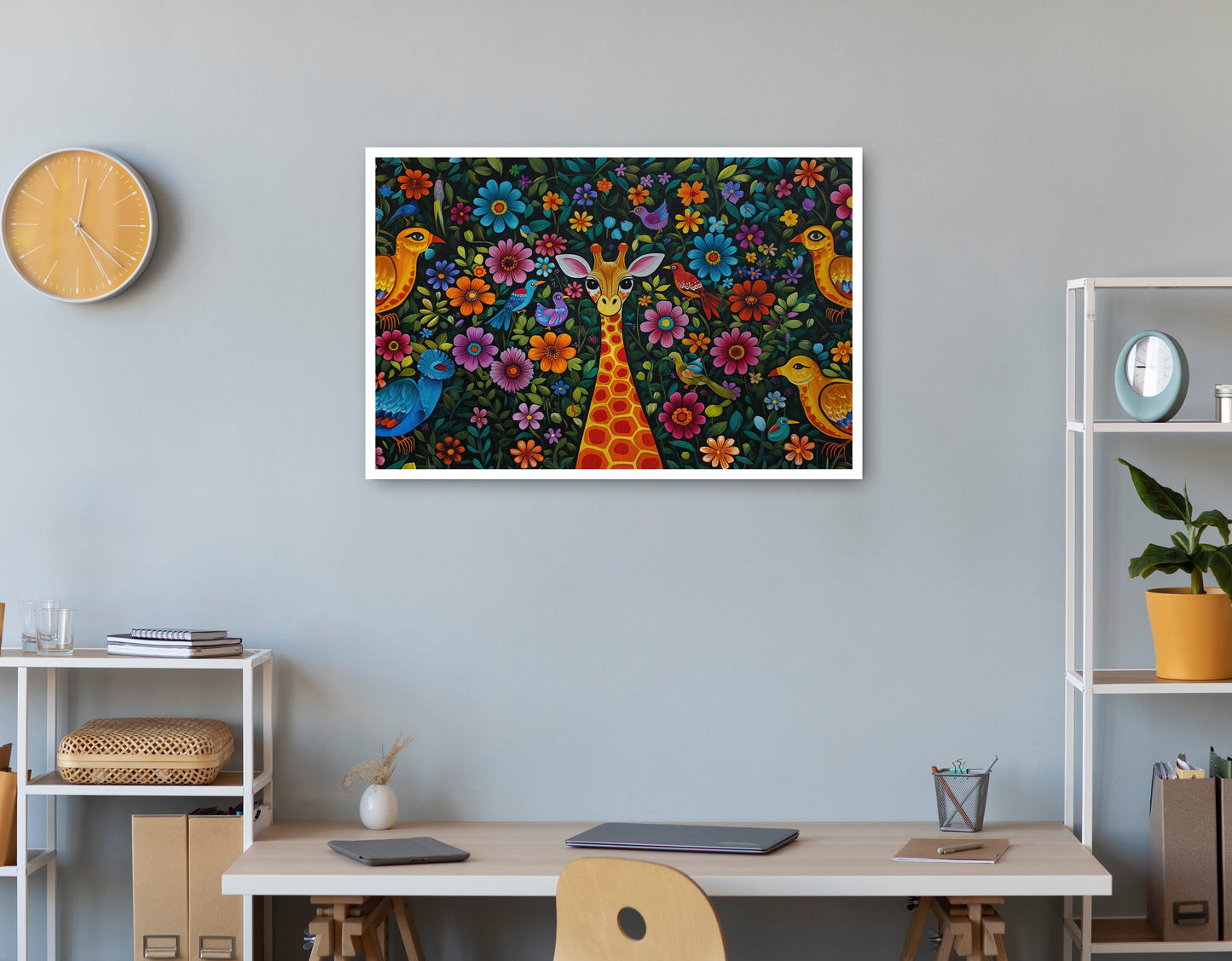 Giraffe Floral Folk Caribbean wall art print view