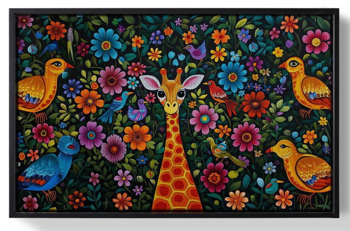 Framed Giraffe Floral Folk Caribbean wall art for home decor