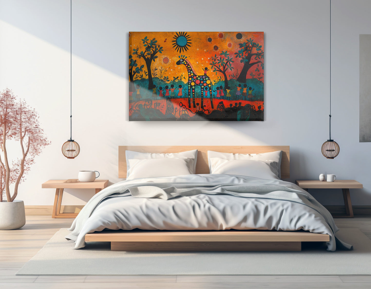 Giraffe Sunset Folk Black Caribbean wall art displayed as bedroom wall decor