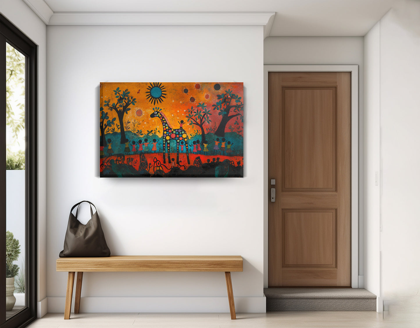 Giraffe Sunset Folk Black Caribbean wall art displayed as entryway wall decor