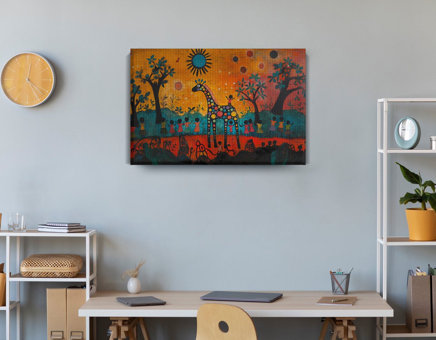 Giraffe Sunset Folk Black Caribbean wall art displayed as office wall decor