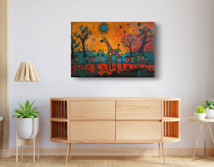 Giraffe Sunset Folk Art Black Wall Art