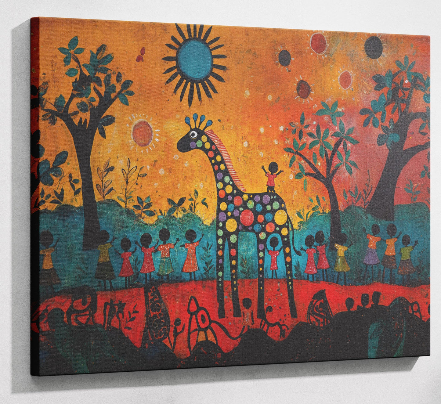 Giraffe Sunset Folk Black Caribbean wall art canvas print with visible wall art format