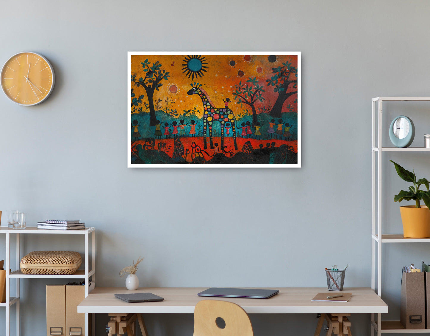 Giraffe Sunset Folk Black Caribbean wall art print view