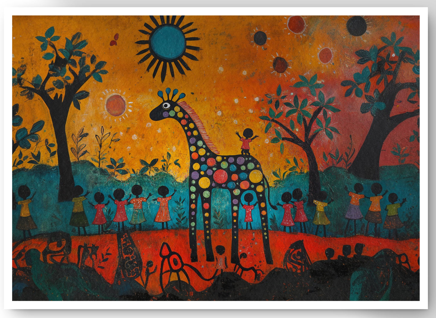 Giraffe Sunset Folk Black Caribbean wall art canvas print by MoomZee Artwork