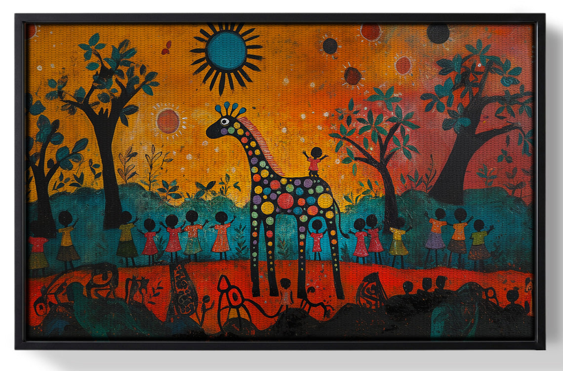 Framed Giraffe Sunset Folk Black Caribbean wall art for home decor