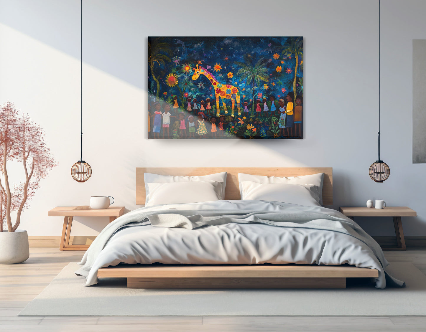 Giraffe Village Night Caribbean wall art displayed as bedroom wall decor