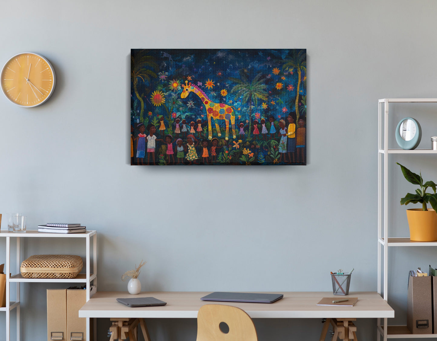 Giraffe Village Night Caribbean wall art displayed as office wall decor