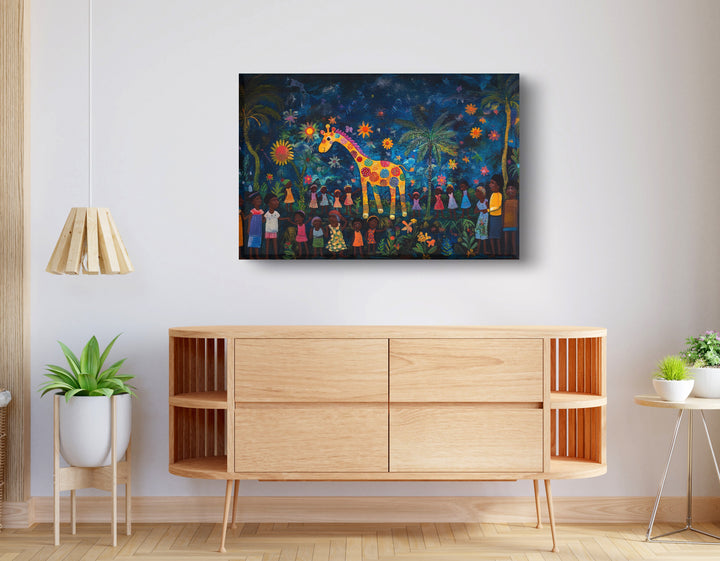 Giraffe Village Night African American Wall Art