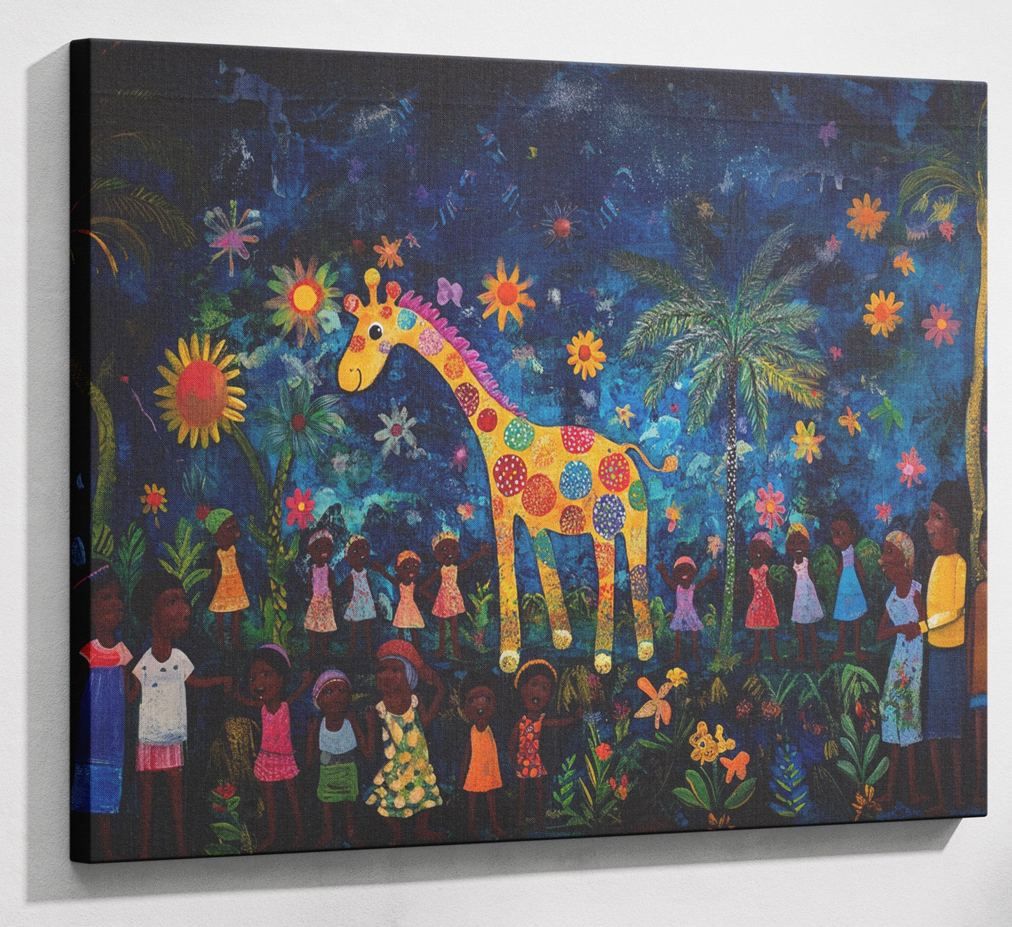 Giraffe Village Night Caribbean wall art canvas print with visible wall art format
