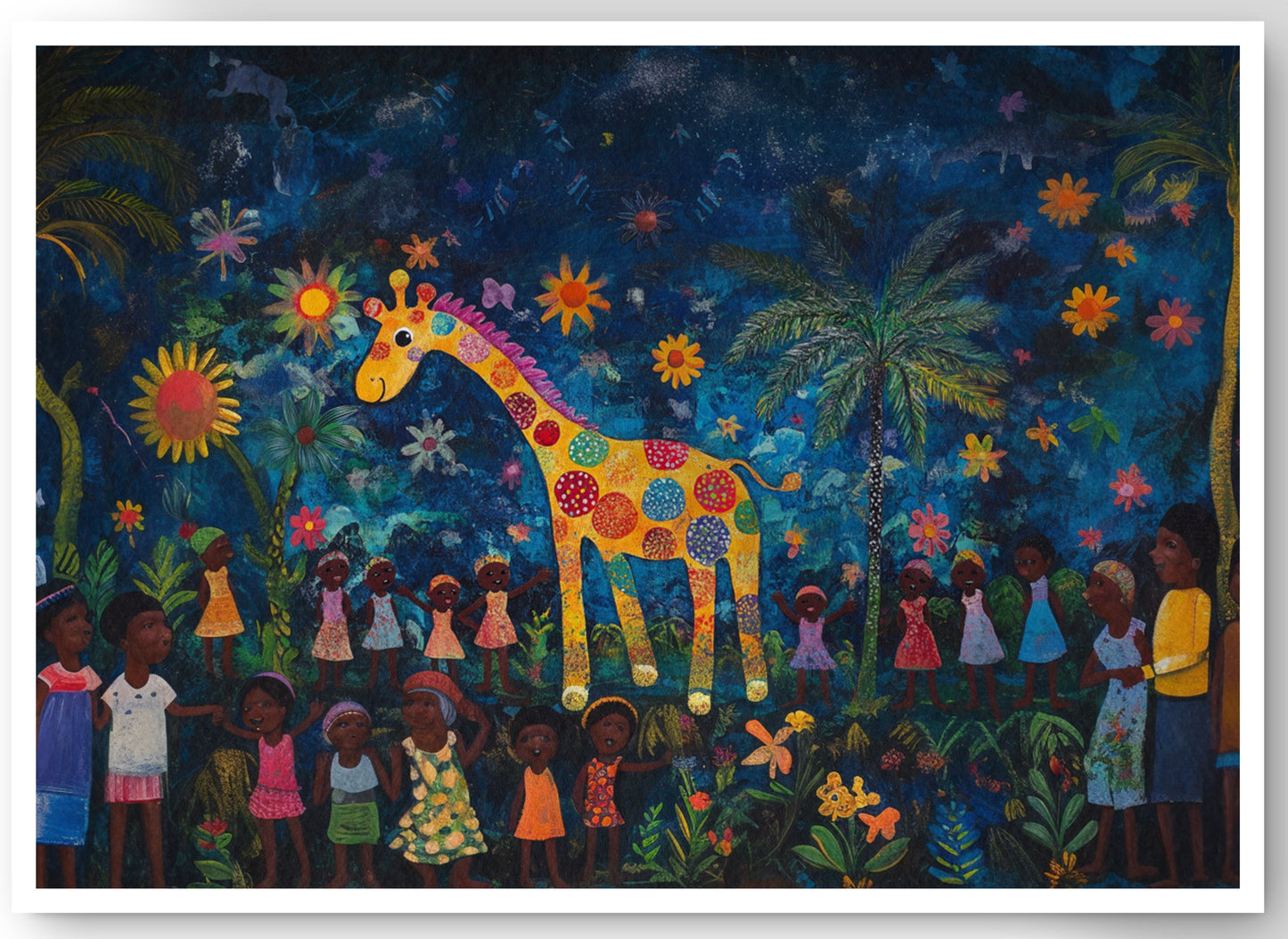Giraffe Village Night Caribbean wall art canvas print by MoomZee Artwork