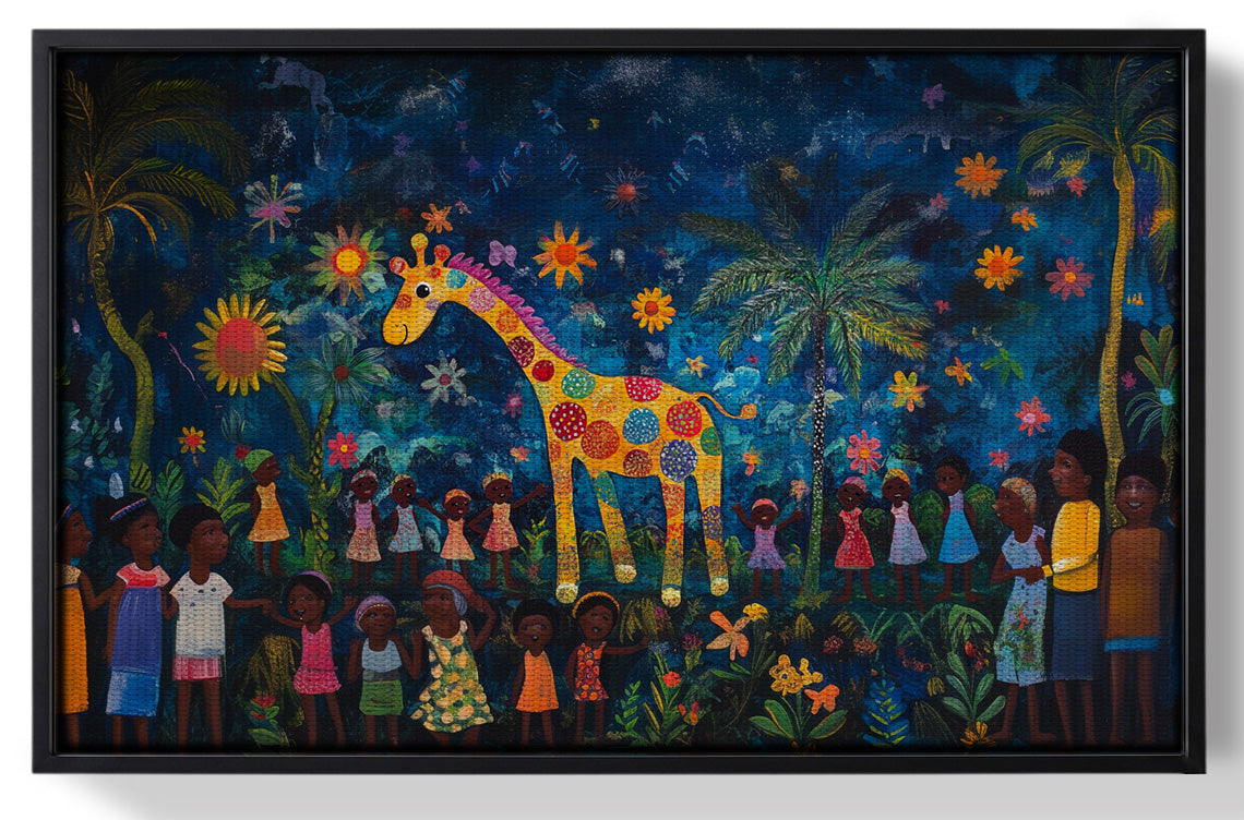 Framed Giraffe Village Night Caribbean wall art for home decor