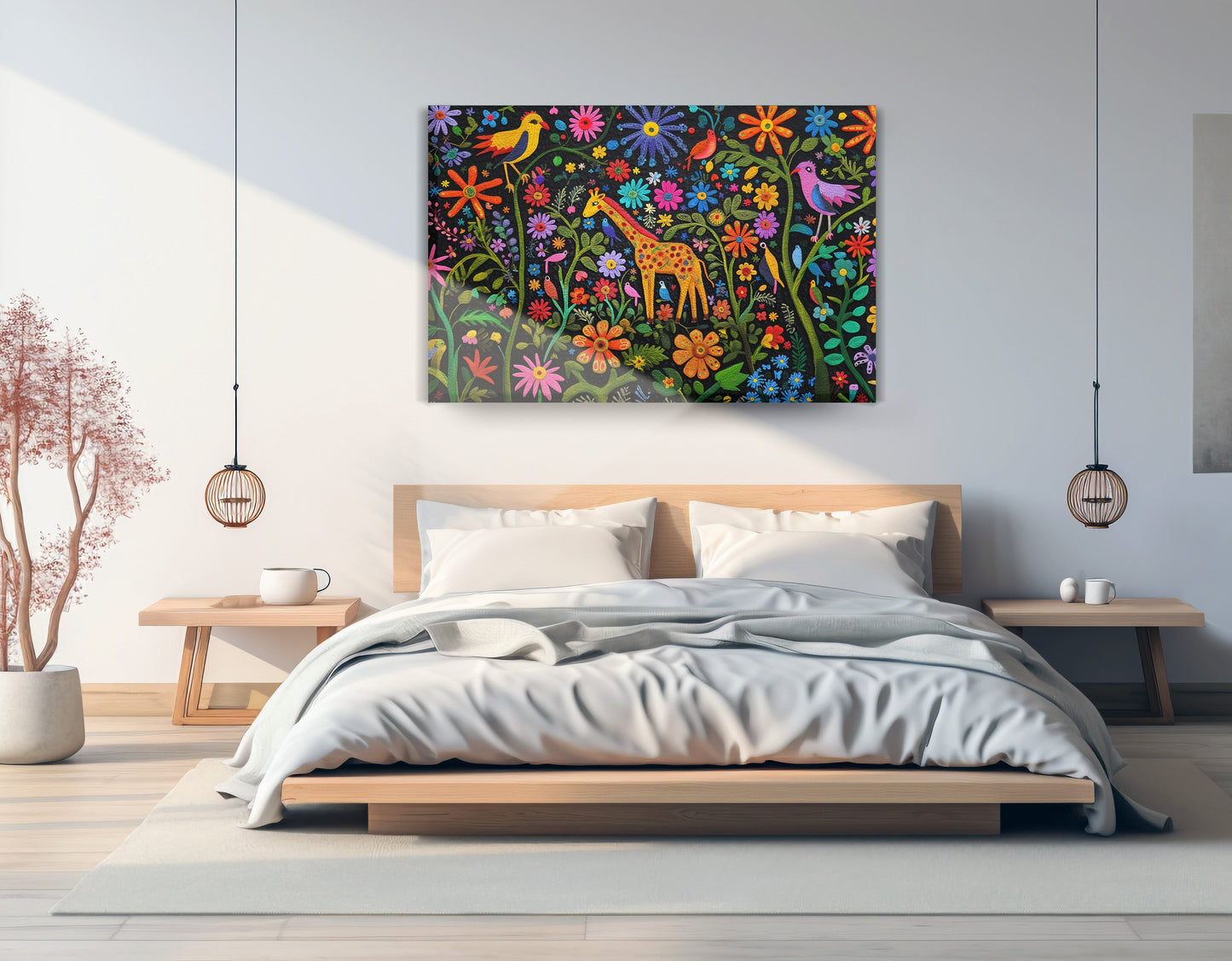 Giraffe Floral Garden Black Caribbean wall art displayed as bedroom wall decor