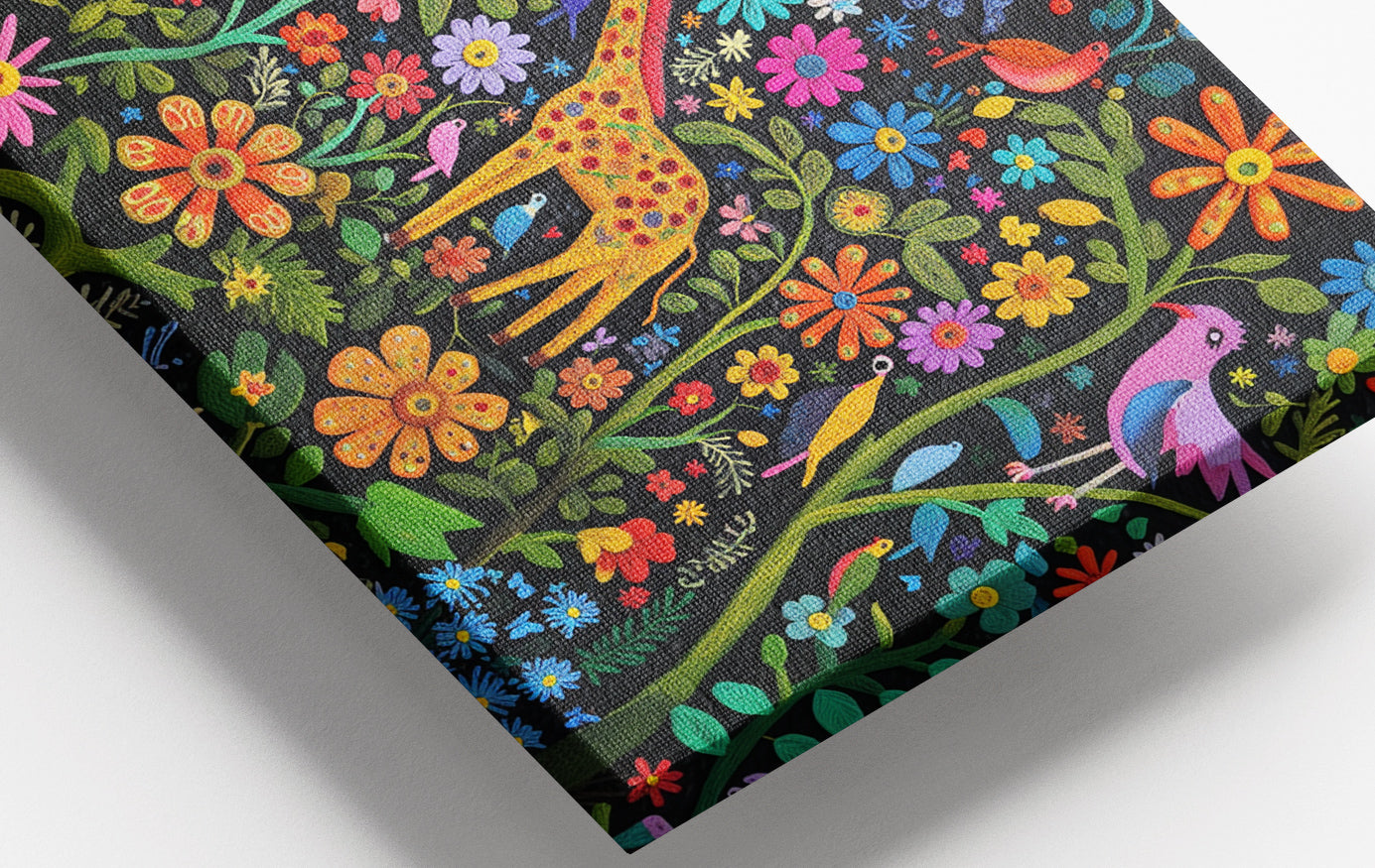 Close-up of Giraffe Floral Garden Black Caribbean wall art detail