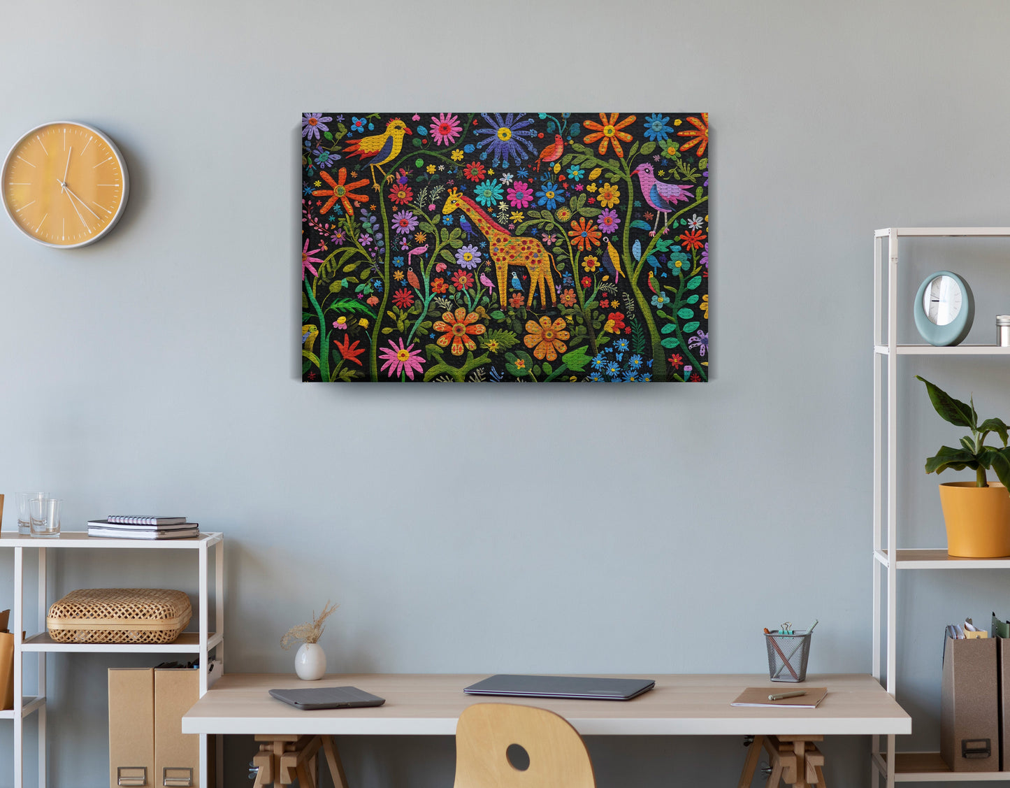Giraffe Floral Garden Black Caribbean wall art displayed as office wall decor