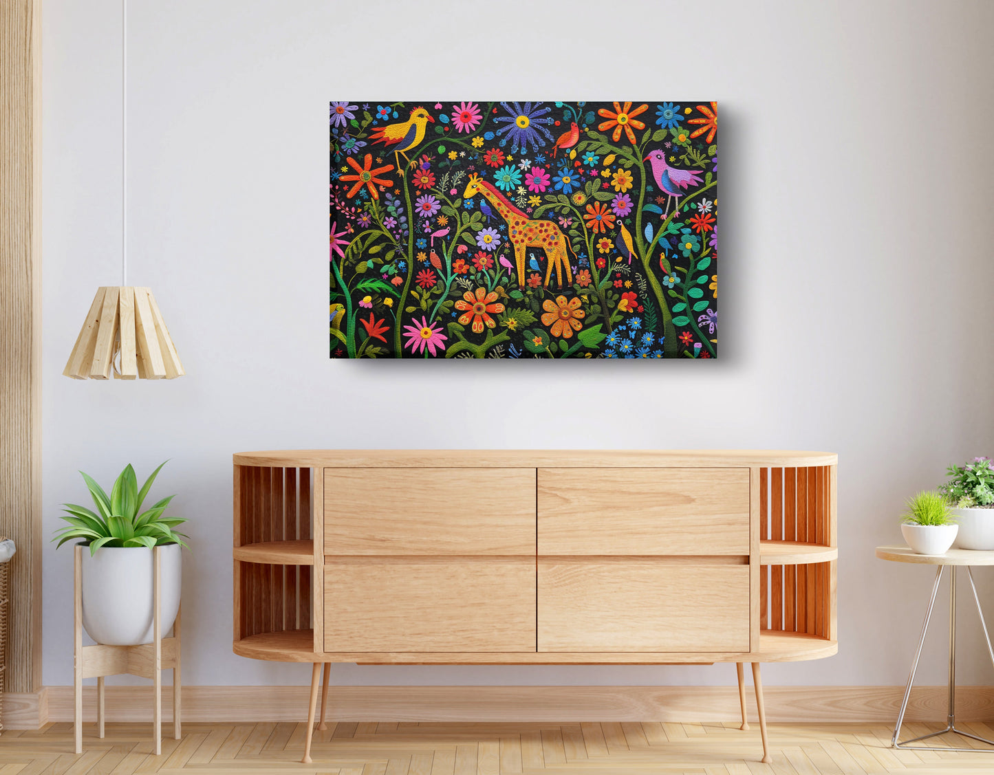Giraffe Floral Garden Black Caribbean wall art displayed as living room wall decor