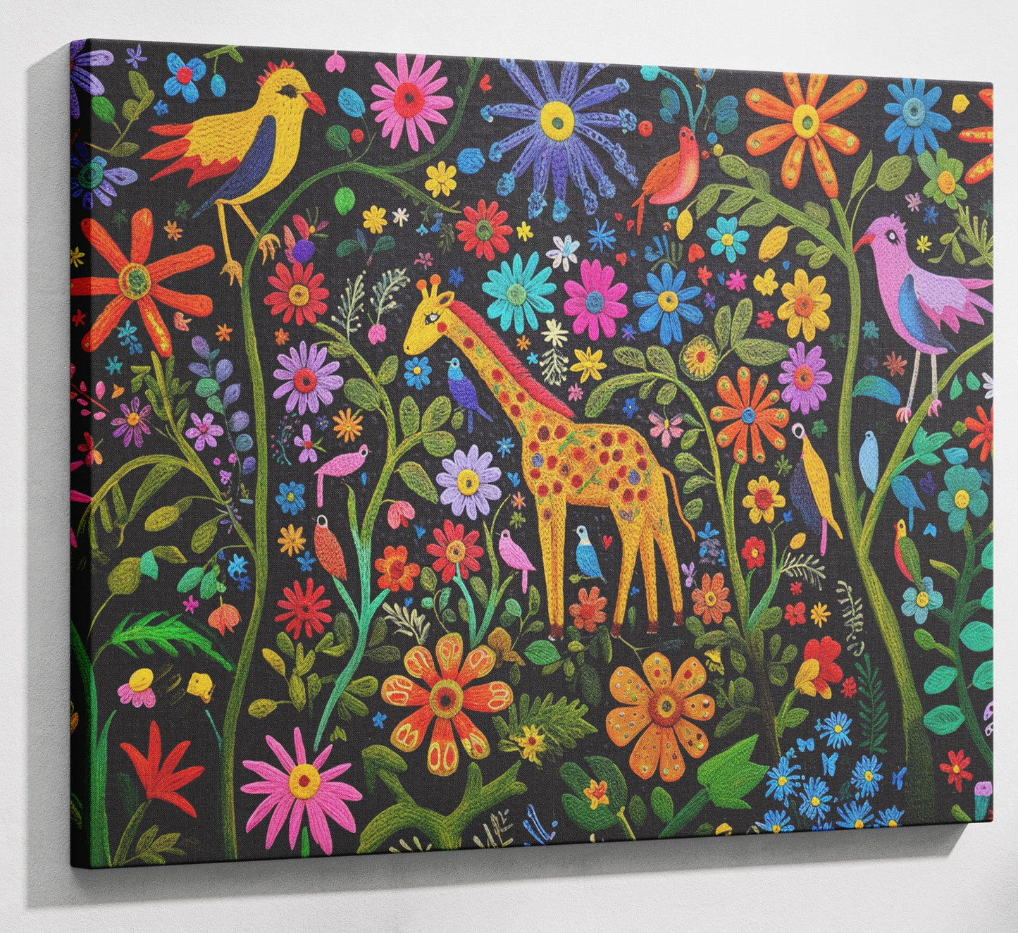 Giraffe Floral Garden Black Caribbean wall art canvas print with visible wall art format