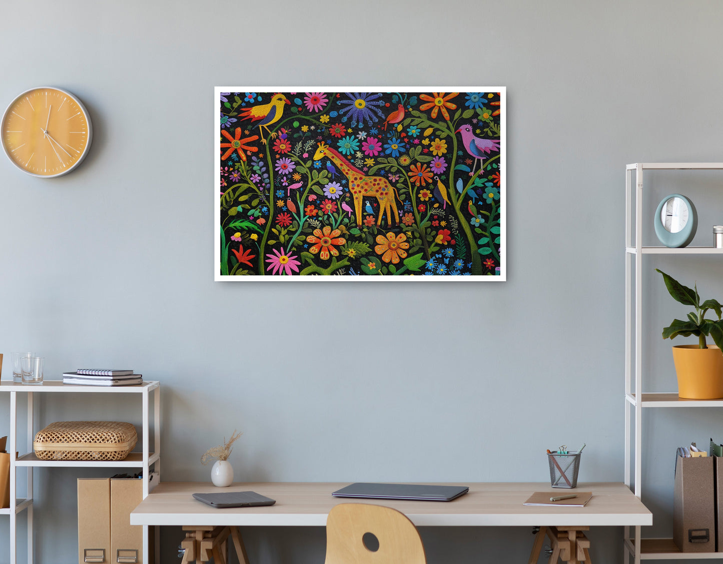 Giraffe Floral Garden Black Caribbean wall art print view