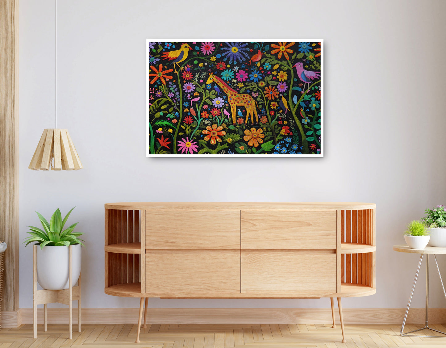 Alternate view of Giraffe Floral Garden Black Caribbean wall art canvas print